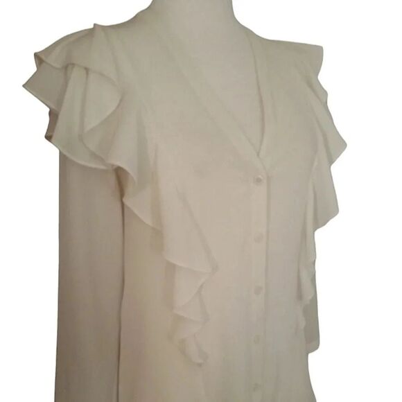 Veronica Beard Light Cream Color Ruffle Detail Crepe Feel Blouse Size 4 - Picture 5 of 7